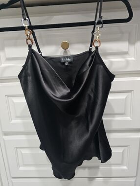 Nicole Miller black satin cowl cami with gold-tone hardware